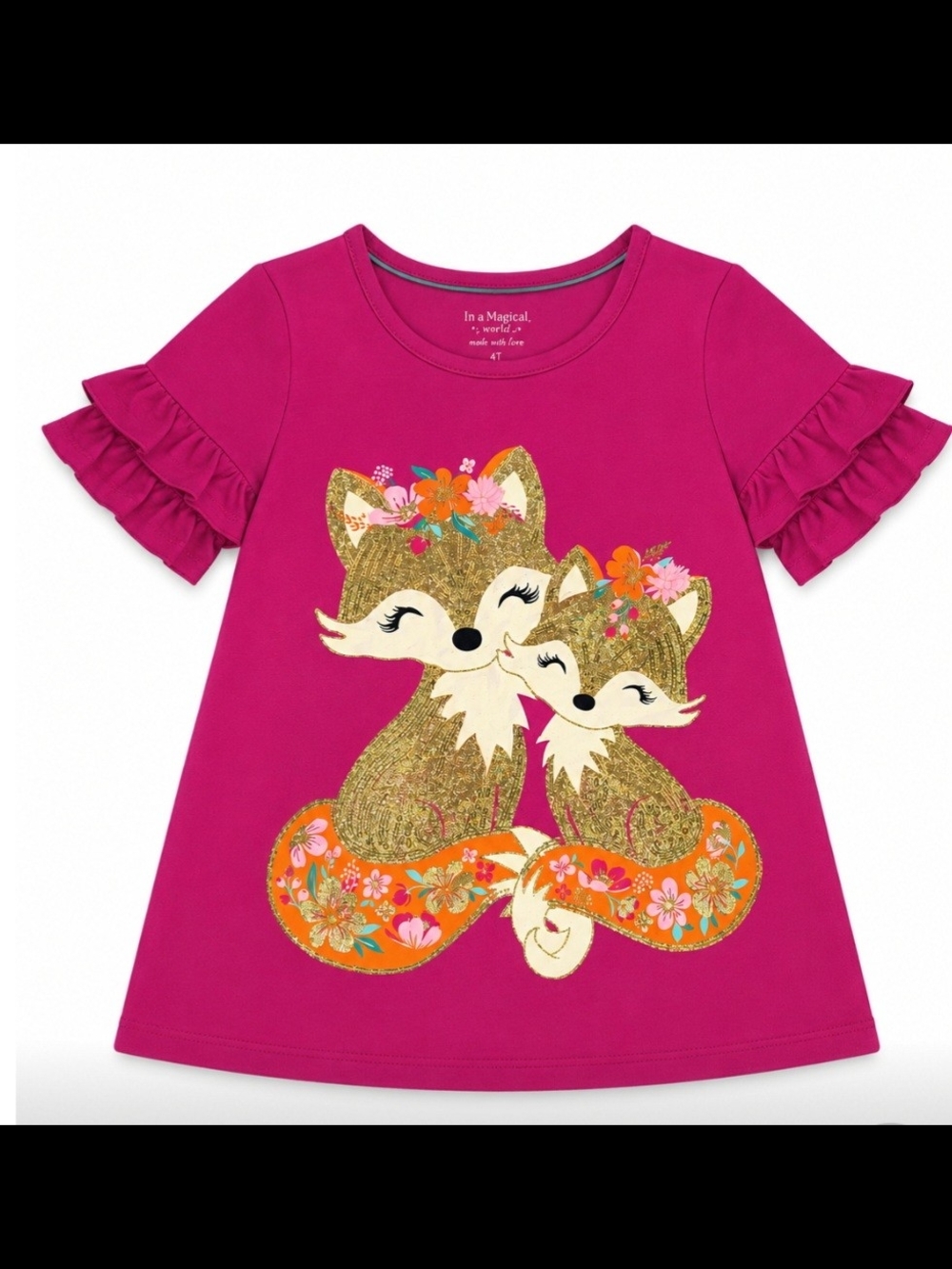 Isaac Mizrahi Hot Pink Fox Graphic Ruffle Sleeve Tee